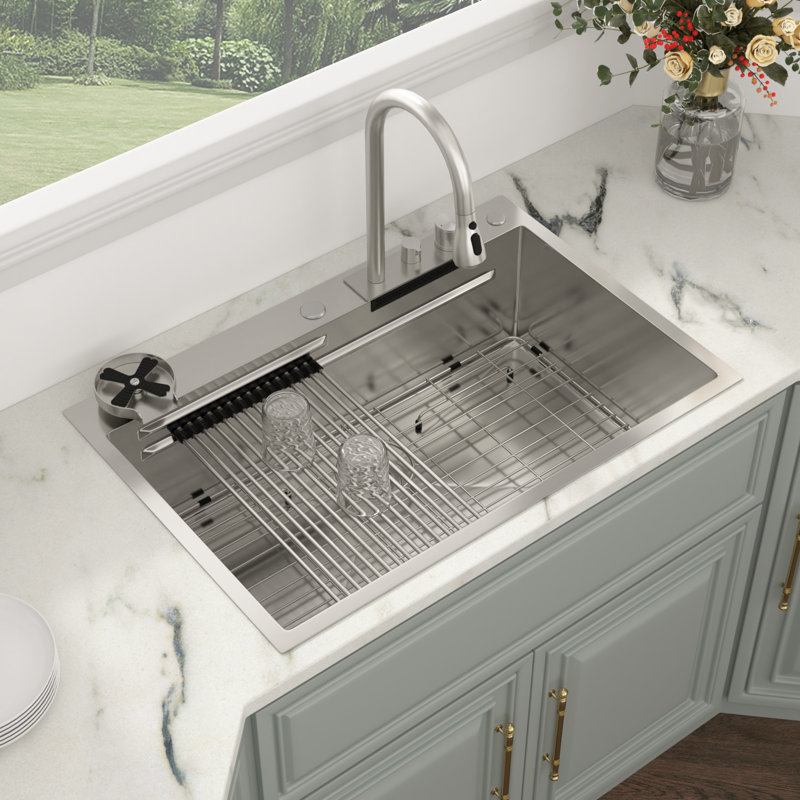 33'' L x 21'' W Drop-In Stainless Steel Kitchen Sink with Waterfall Faucet, Single Bowl Kitchen Sink with Pull-Down Faucet & Cup Washer