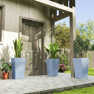 Grandes jardinières pour plantes d'extérieur, ensemble de 3 jardinières effilées de 24 po avec trous de drainage, pots de fleurs en rotin pour l'intérieur et l'extérieur du patio, gris clair