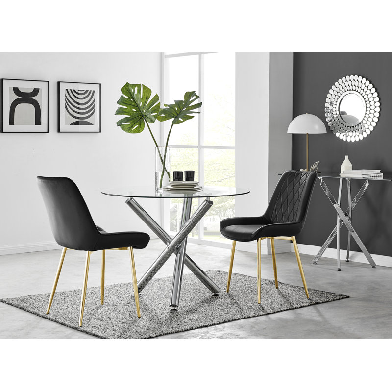 Seline Modern Round Dining Table Set in Glass and Chrome with 2 Luxury Velvet Leather Chairs, Dark Gray/Gold