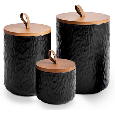 3-Piece Stone Black Ceramic Canister Set with Wooden Lid