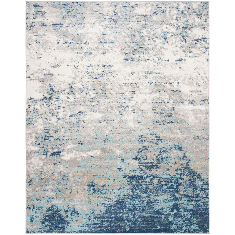 Tapis abstrait gris clair / bleu N'Keal, Rectangle 9 pi x 12 pi, Light Grey/Blue