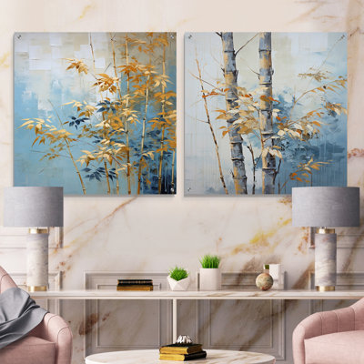 Blue And Gold Bamboo Dance III - Bamboo Acrylic Wall Art Glass Set Of 2