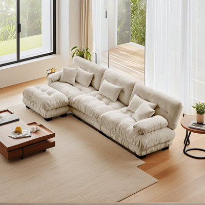 Light Coffee Chenille Cloud Upholstered 3-Seater Sectional With Ottoman 3 Lumbar Pillows 2 Throw Pillows For Small Space Living Room