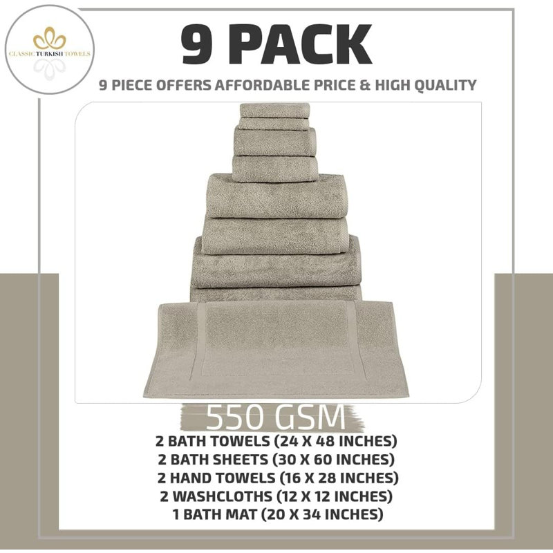 Ensemble de serviettes de bain 9 pièces avec tapis de bain Blatec, Beige