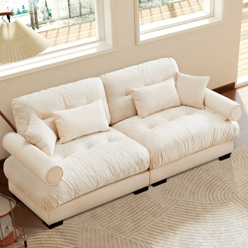 93.7" W Large Size Modern 2-Seater Cloud Sofa Velvet Upholstery Loveseat With Bolstered Armrests 2 Waist Pillows & 2 Throw Pillows