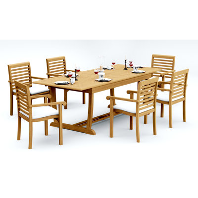 11 Pcs Grade-A Teak Wood Dining Set: 94" Double Extension Mas Rectangle Trestle Leg  Table And 10 Hari Stacking Arm Chairs #11HR2110