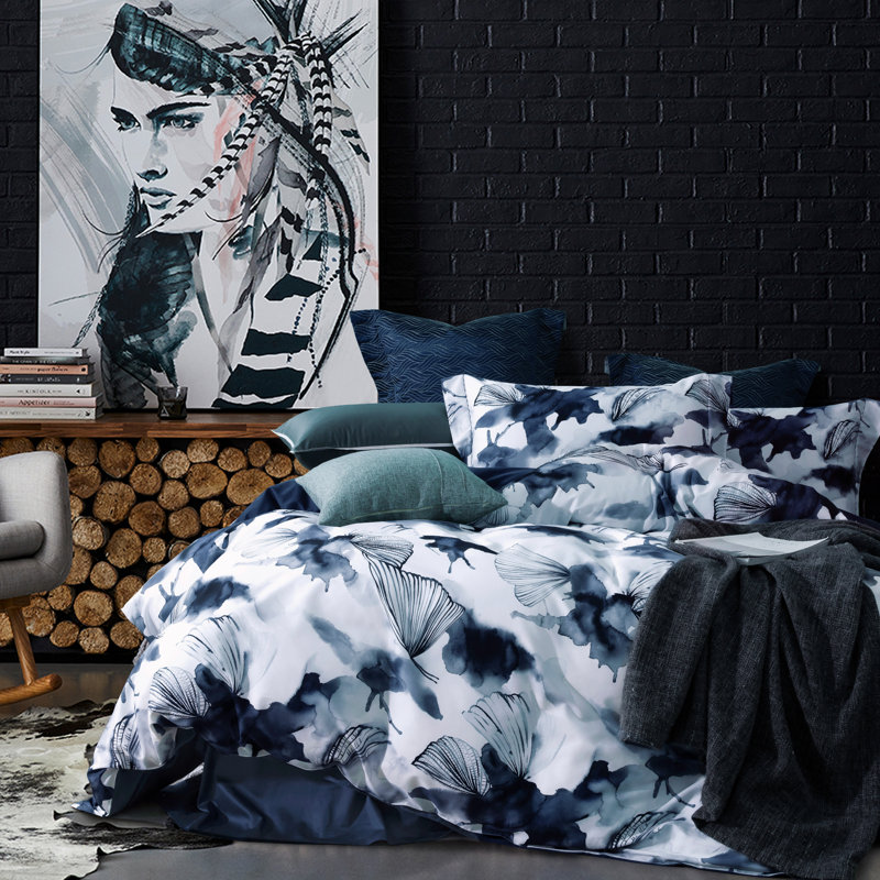 Lunaria Yaneris Dark Blue Ginkgo Leaf Duvet Cover Set – 3 Piece, 100% Long-Staple Cotton, Watercolor Print