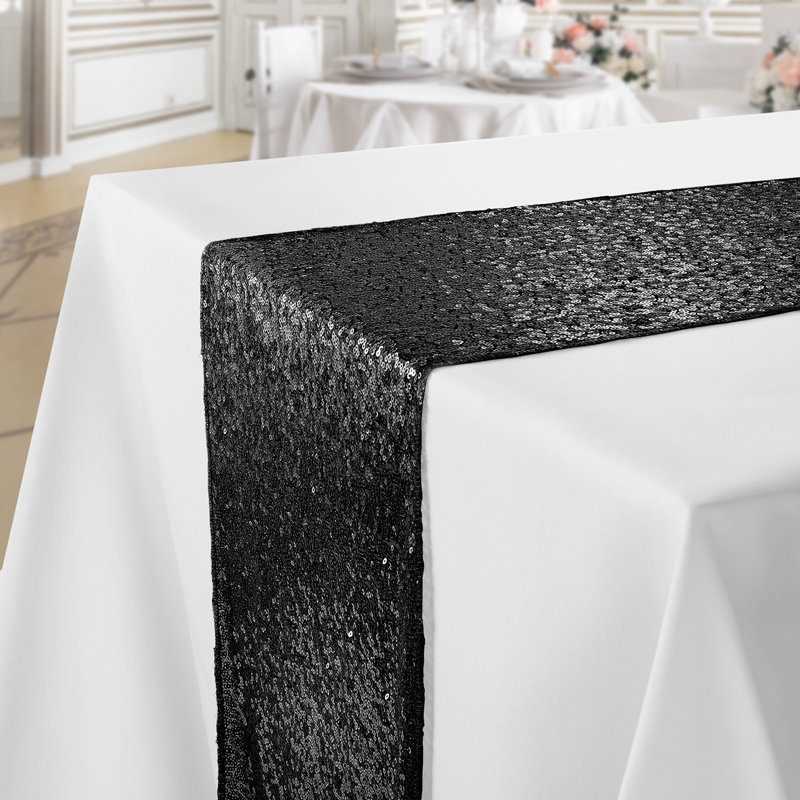  Solid Color Sequin Table Runner, Black, 108" x 12"