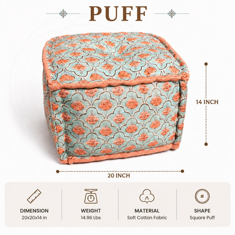Pouf cubique à imprimé floral avec housse en coton et rembourrage en polyester