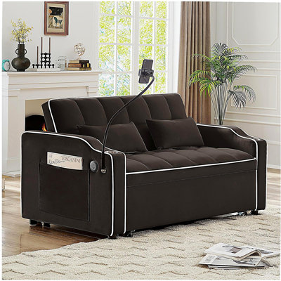 Fauteuil inclinable polyvalent à double siège pliable, canapé-lit confortable en velours avec poches latérales, port USB, support pour téléphone pivotant, cendrier et dossier réglable