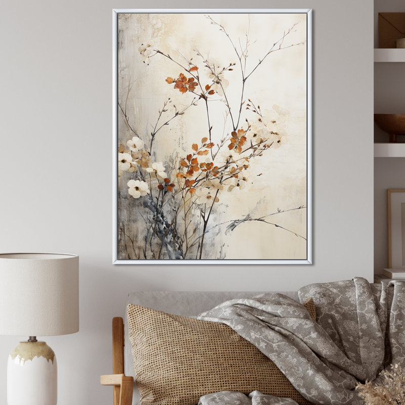 «Beige and Blue Herbs Minimal Harmony I», reproduction d'art sur toile, Cadre flottant blanc, H 32 po x l 24 po