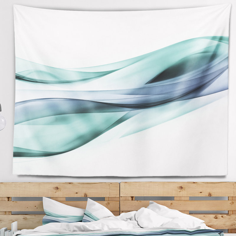 Tapisserie abstraite à lignes fractales grises et bleues, H 32 po x l 39 po