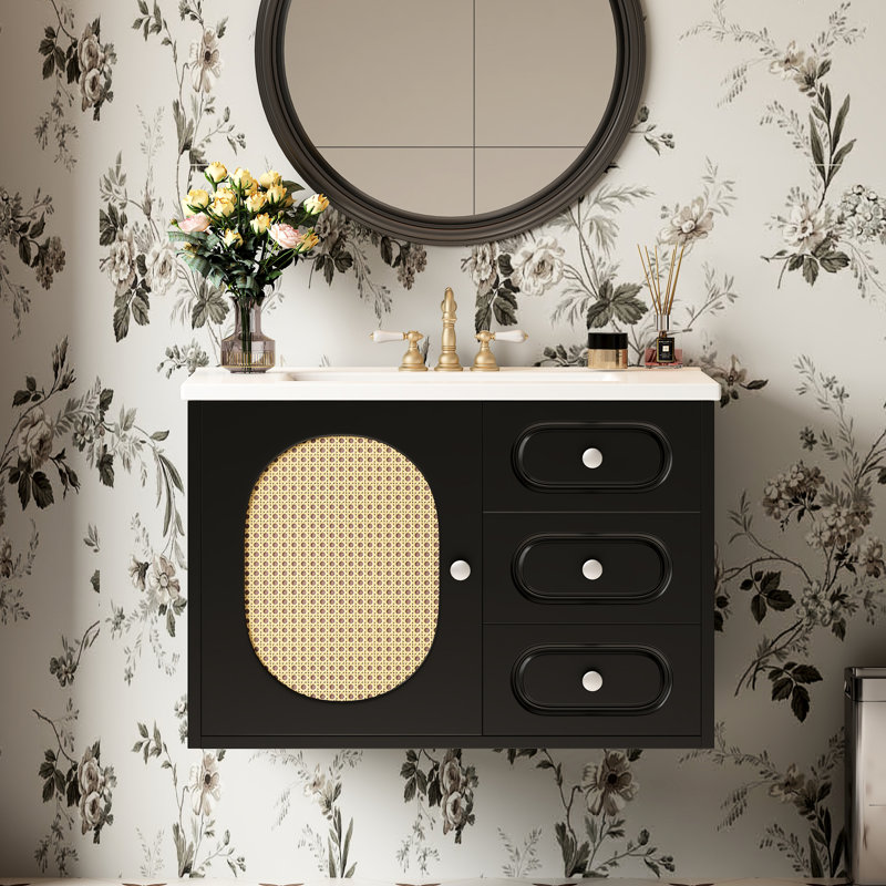 Meuble-lavabo de 24 po avec détails uniques, lavabo en céramique, compartiments à extension complète, meuble-lavabo Mid-Century silencieux avec lavabo brillant, deux tiroirs, détails décoratifs, trou de trop-plein