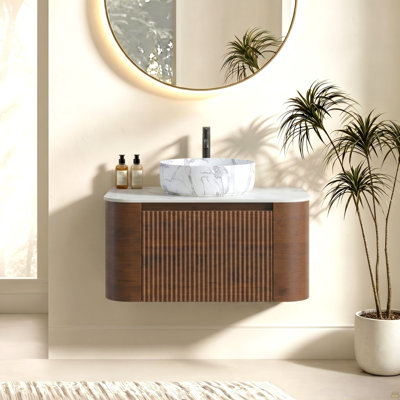Meuble-lavabo de 30 po avec lavabo, armoire murale en noyer avec porte-serviettes gratuit, lavabo simple en céramique de Carrare blanc, sans drain et robinet, pré-assemblé