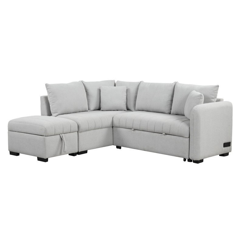 82.6" L-Shaped Sectional Pull Out Sofa Bed Sleeper Sofa With Two USB Ports, Gray Polyester