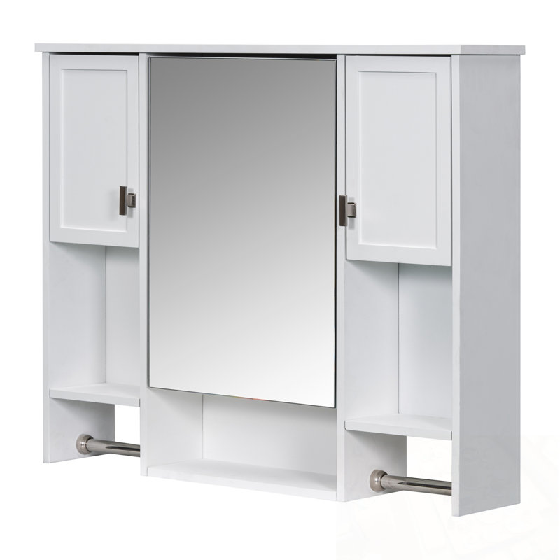Wall Mounted Trinway Cabinet with Mirror and Towels Bar, White