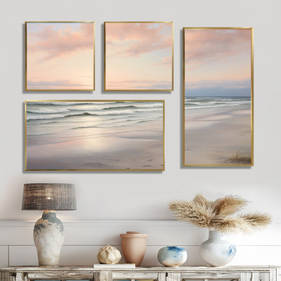 Plage sereine douce lever de soleil rose pastel - impressions sur toile côtières 4 pièces