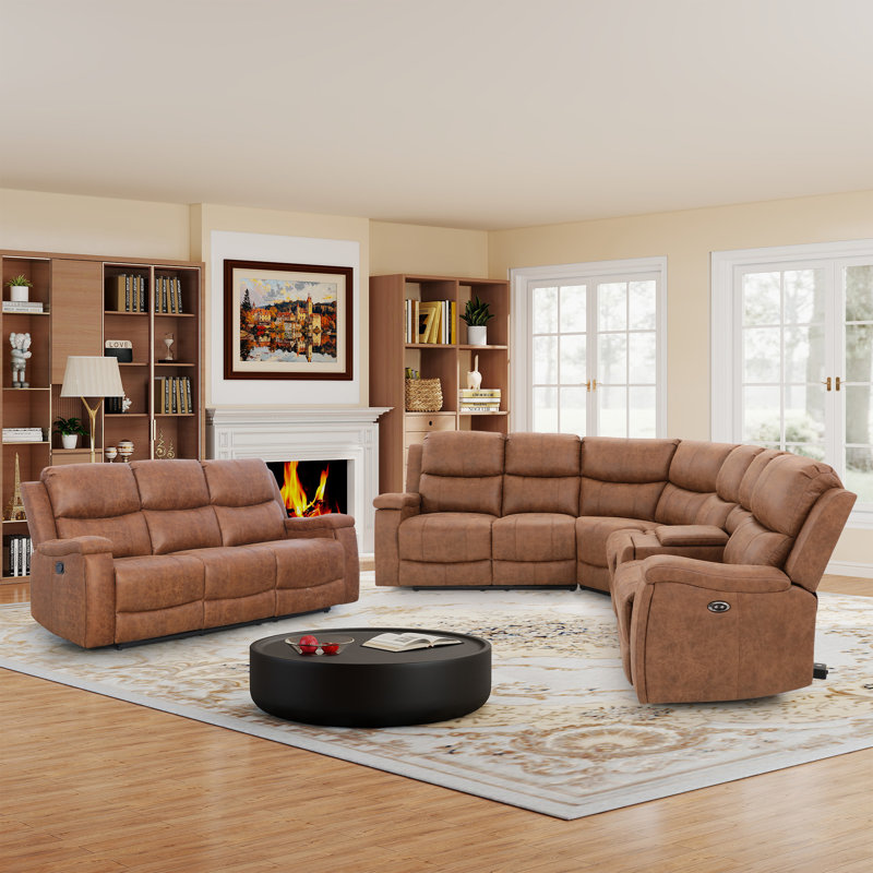 Ensemble de canapé modulaire et de canapé inclinable 2 pièces avec porte-gobelet et ports USB Hunstant, Similicuir brun