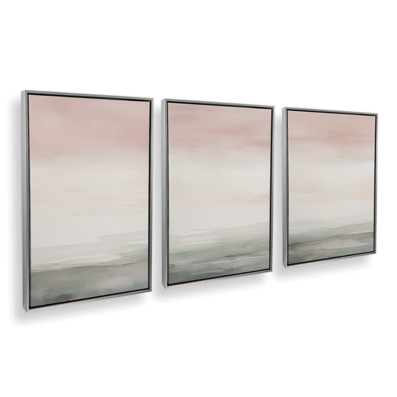 «Peach Tranquility», ensemble de 3 toiles encadrées, Cadre flottant en chrome poli, H 30,75 po x l 62,25 po x P 1,75 po