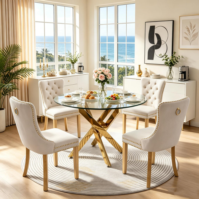 Ensemble de table à manger ronde 5 pièces pour 4 personnes, table de cuisine ronde en verre de 91 cm avec base en métal en forme de X et 4 chaises capitonnées en velours (ensemble de 5)