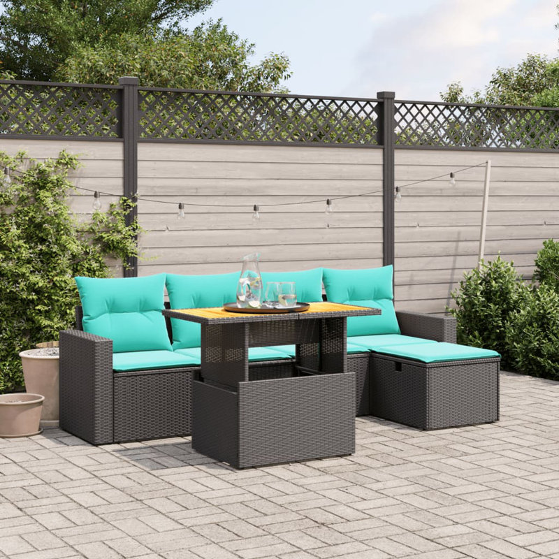  6 Piece Patio Sofa Set With Cushions Poly Rattan, Black, Green