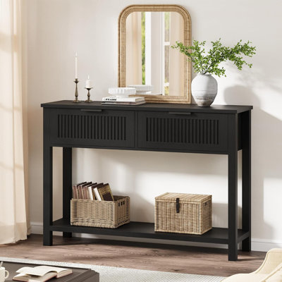 Console d'entrée de style ferme, 109 cm (43 po), en bois, avec 2 tiroirs, table basse à 2 niveaux avec rangement pour salon, table d'entrée - Noir
