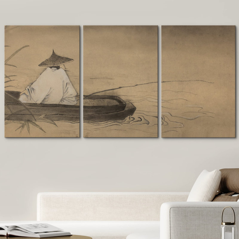 Pêcheur chinois classique sur le lac, nature sauvage, illustrations, art moderne, culture, Toile tendue, H 36 po x l 72 po