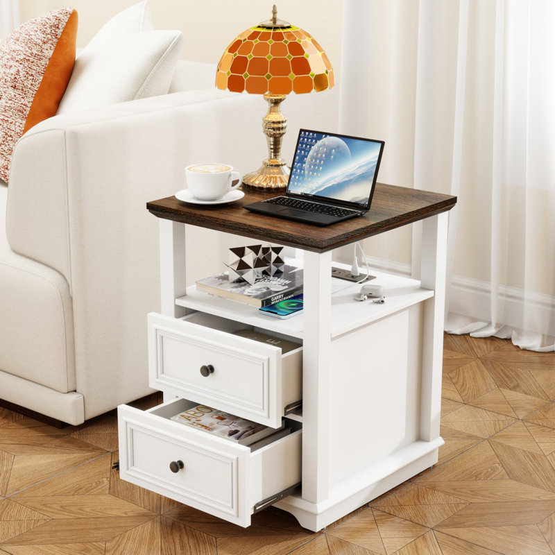 Lark Manor Deiren 2-Drawer Nightstands with Storage and Built-in Outlets, Set of 2, White