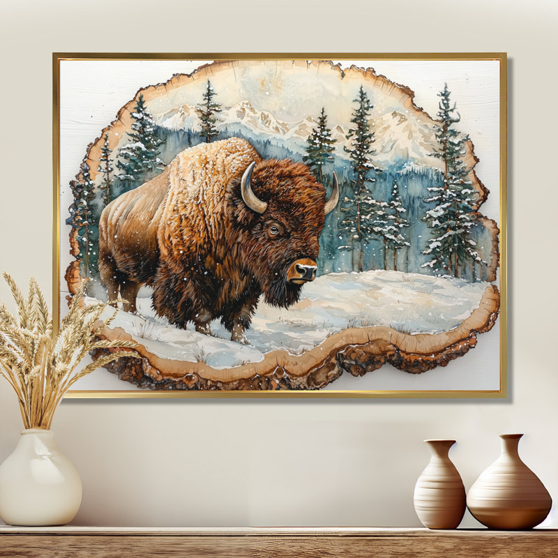 Bison américain dans une glissade en bois, paysage de forêt II - bison, art mural, H 30 po x l 40 po, Cadre flottant, Doré
