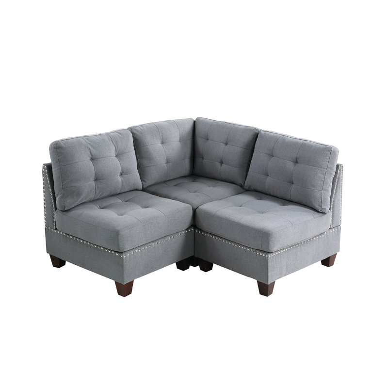 Gray Linen-Like Fabric Modular 3Pc With Robust Wood Frame In Quality Textile Upholstery & Wooden