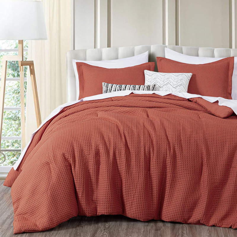 Wilmer Waffle Weave Textured Comforter Set, King Comforter + 2 King Shams, Terracotta