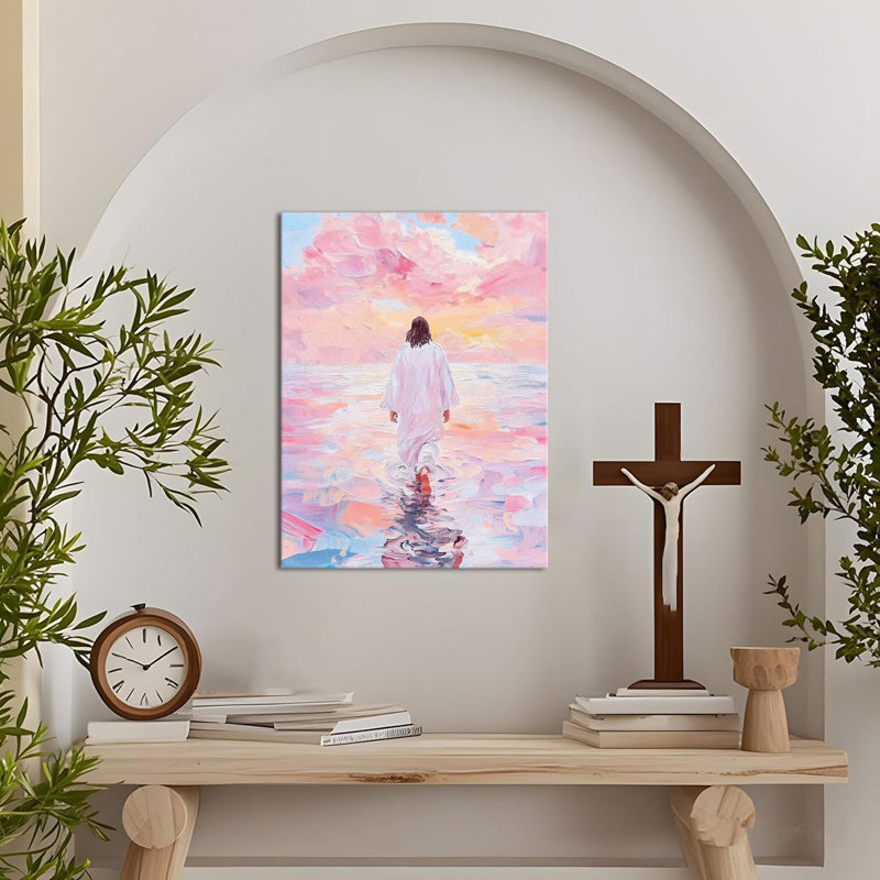 Pink Jesus Walking On Water Wall Art Religious Christian Oil Painting Canvas Wall Decor Religious Savior Poster Aesthetic Pictures for Living Prayer Room Church Bedroom 12x16 in Framed