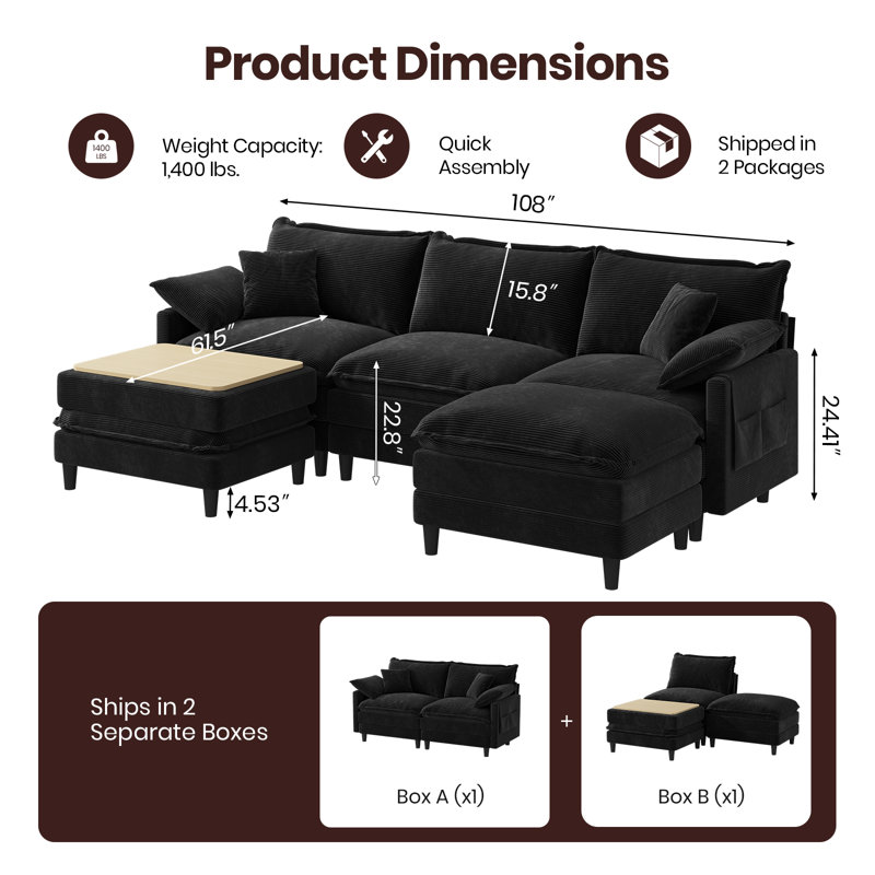 108'' Comfy  U Shaped Sectional Modular Deep 5-Piece Cloud Sofa with Ottomans- Premium Fabric, Black Corduroy