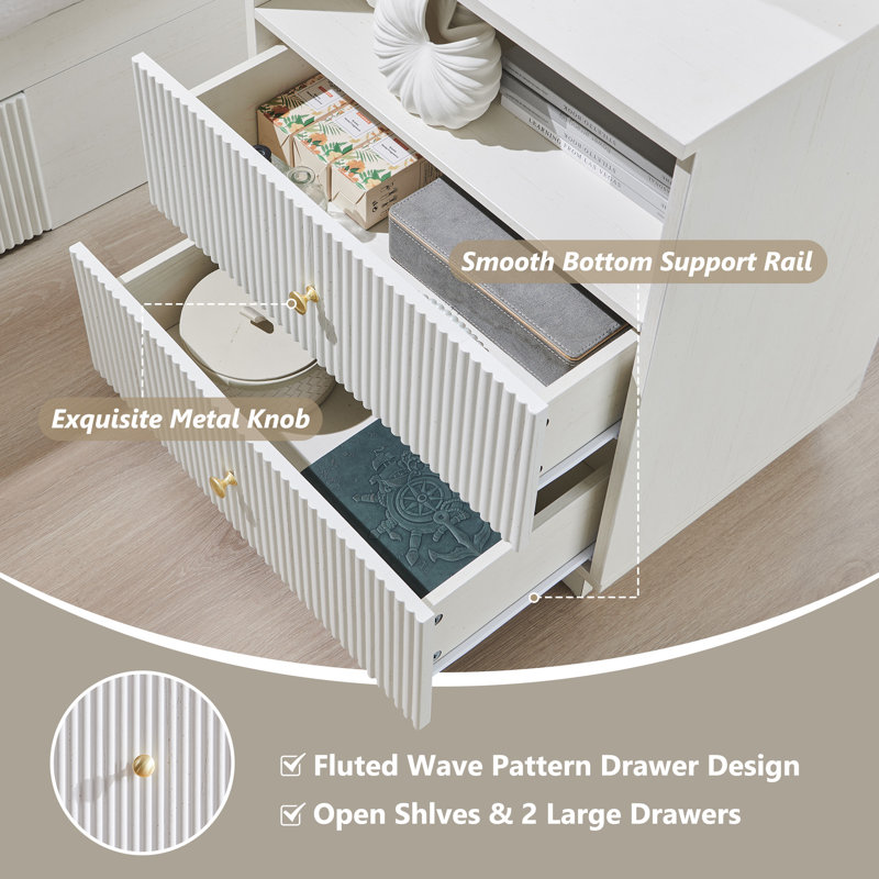 Fluted End Table with Charging Station, 21.65" Wide Side Table with 2 Drawers, White