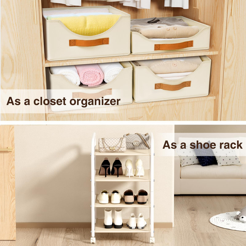 Closet Organizer And Storage 4 Layers, Fabric Clothes Drawer Storage Box, Stackable Rolling Storage Trolley With Wheels,(Beige)
