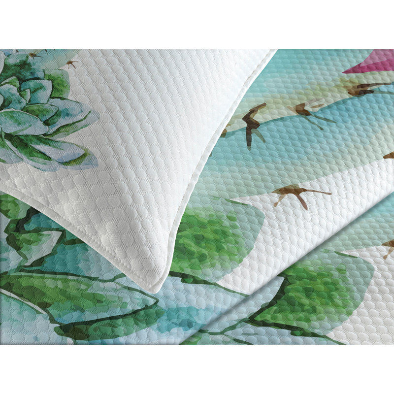 White Quilted Queen Bedspread Set with Cactus Design