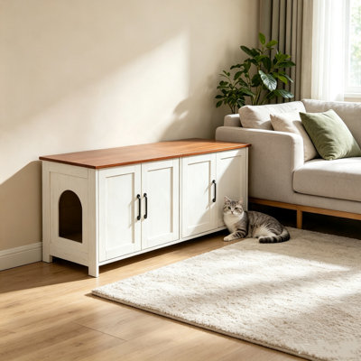 Enclos pour bac à litière brun et blanc pour plusieurs chats, 120 cm (47,2 pouces), avec 4 portes et 2 entrées, meuble de rangement dissimulé pour bac à litière, salle de bain intérieure pour chats, maison pour chat en bois, compatible avec la plupart des bacs à litière.