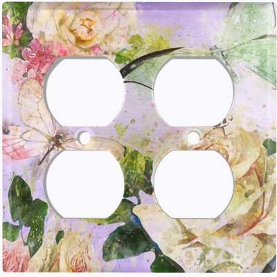 Plaque de prise murale à motif en métal à motif d'interrupteur de lumière (fleur blanc rose mauve - double)