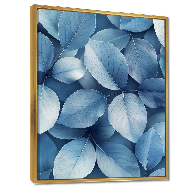 Minimalisme bleu fumé feuilles I - feuilles, art mural, Reproduction avec cadre flottant, H 20 po x l 12 po, Doré