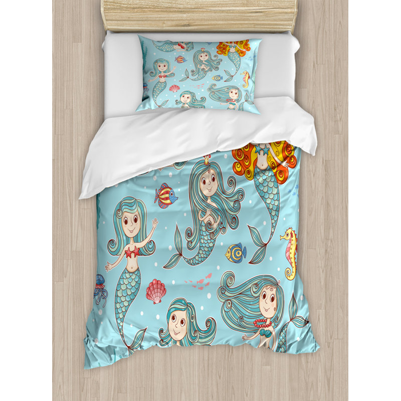 Ensemble de housse de couette Mermaid, Housse de couette pour lit simple + 1 taie décora