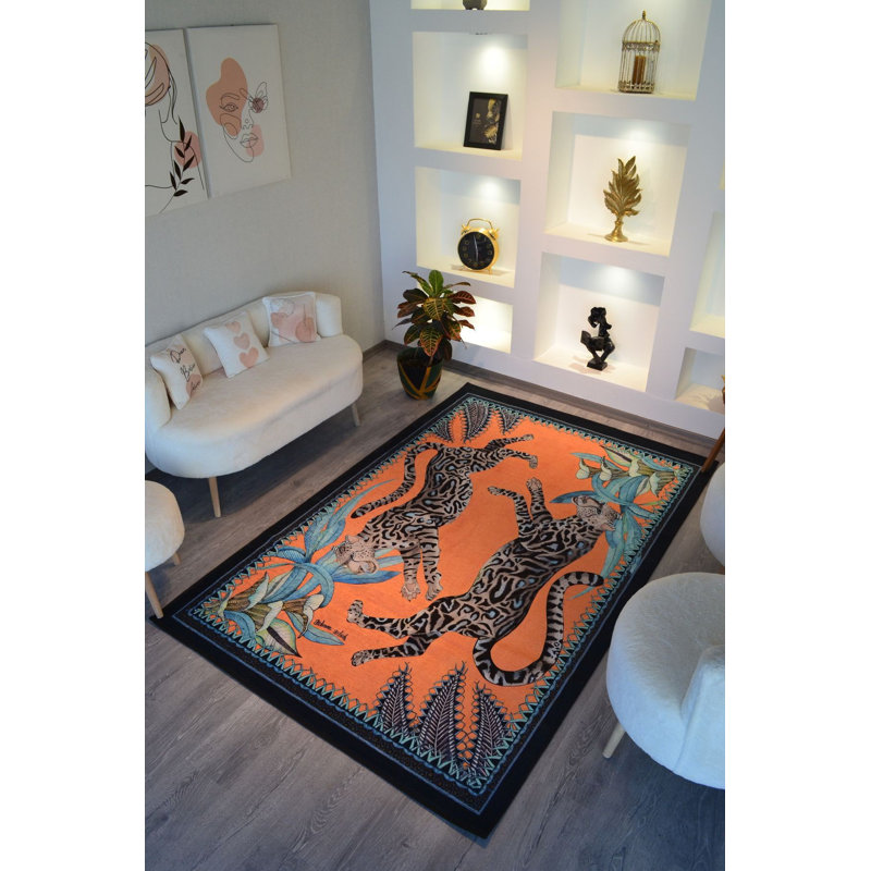 Tapis décoratif lavable orange à motif animal léopard, Sous-tapis rond 3 pi 11 po inclus