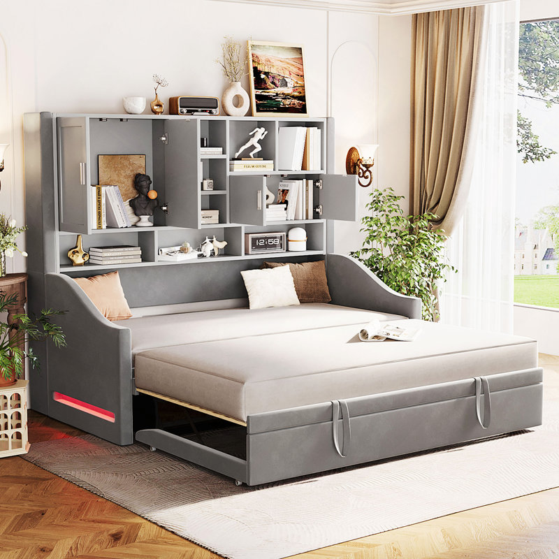 Upholstered Daybed With LED Armrest Lights, Storage Shelves & Cabinets, Pull-Out Lift-Up Trundle, Gray