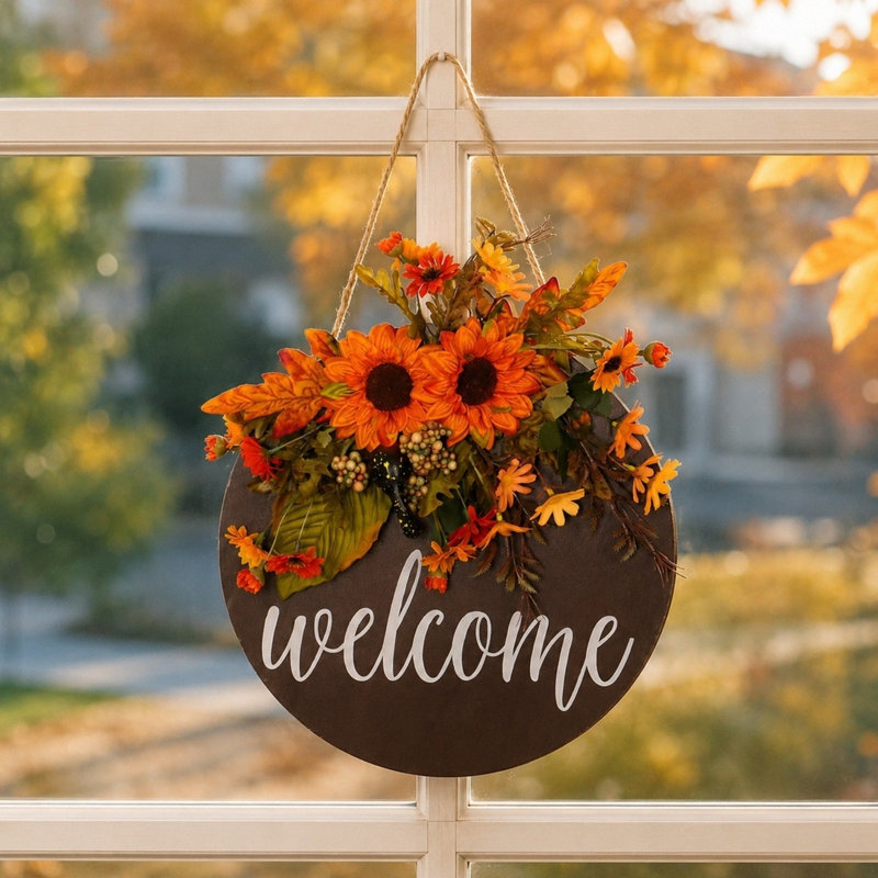 Panneau d'automne en forme de tournesol - porte d'entrée en bois 13,78 po avec tournesols artificiels et baies, récolte murale d'automne