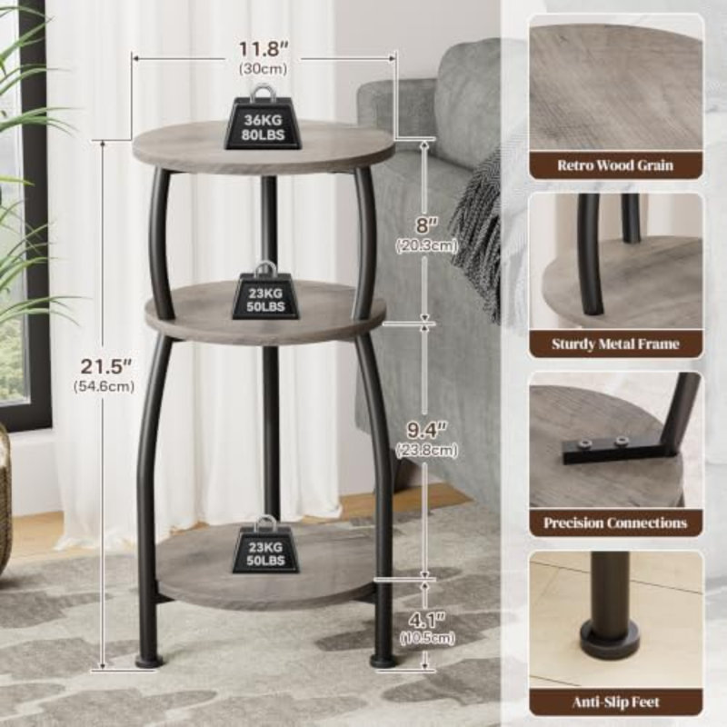 Petite table d'appoint ronde à 3 niveaux, idéale pour les petits espaces | Table de chevet compacte de 30 cm (11,8 po) pouvant accueillir une tasse de café, des livres ou des plantes décoratives, pour le salon, la chambre ou la terrasse, grise