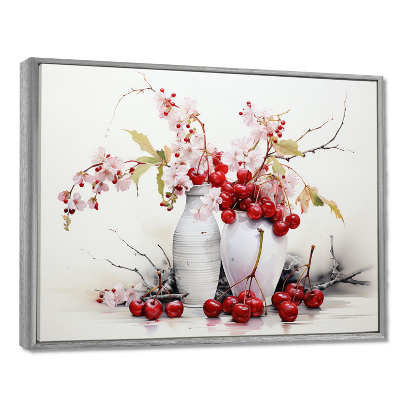 Cherry Simplicity - fruits, art mural, H 24 po x l 32 po x P 1 po, Encadrement argenté