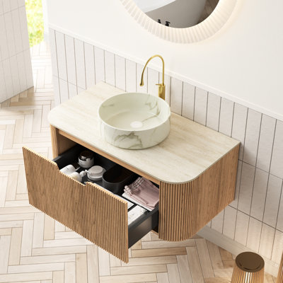 36" Floating Bathroom Vanity And Sink With Round Ceramic Basin, Stone - Sintered Top, 3D Striped Natural Cabinet Soft Close Drawer Ample Storage Space