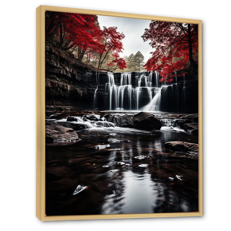 Chute grise et rouge de l'éternité I sur toile, 32" H x 16" W, Cadre naturel flottant