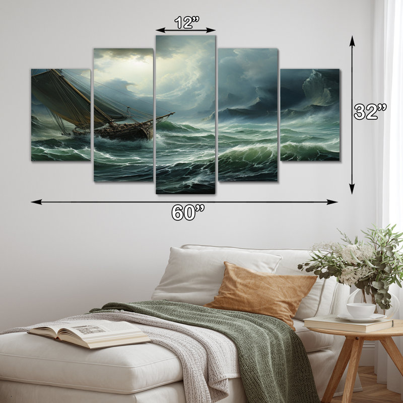 Stormy Seas Beauty III - Art mural sur toile nautique et plage - 5 panneaux