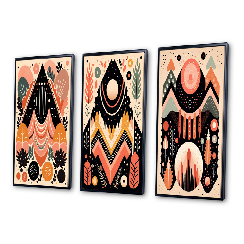 «Bohemian Tribal Geometric In Retro Pink I», 3 pièces sur toile, Cadre flottant noir, H 28 po x l 36 po