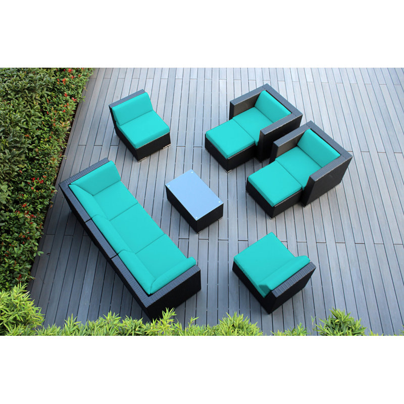 Ensemble de conversation en osier pour 7 personnes avec coussins Kiara, Toile Sunbrella® Aruba, Noir